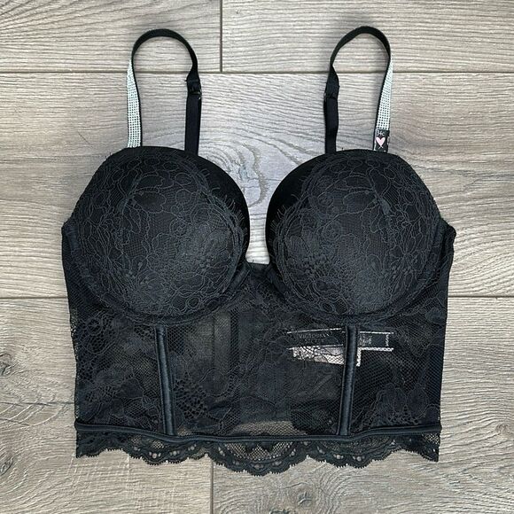 Victoria’s Secret Very Sexy Shine Bombshell Push Up Black Lace Corset Bra 34C - Picture 2 of 10